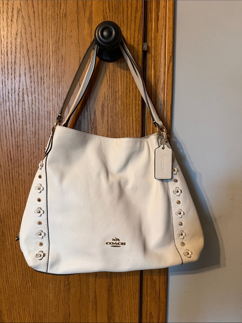 Coach Ivory Pebbled Leather Shoulder Bag with Floral Studs